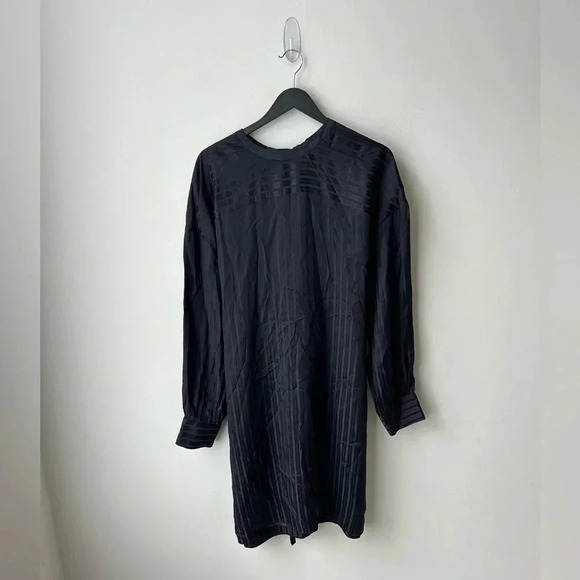 Aritzia Wilfred Silk Striped Mini Dress Navy Blue Tie Waist Long Sleeve Size L - Picture 2 of 15